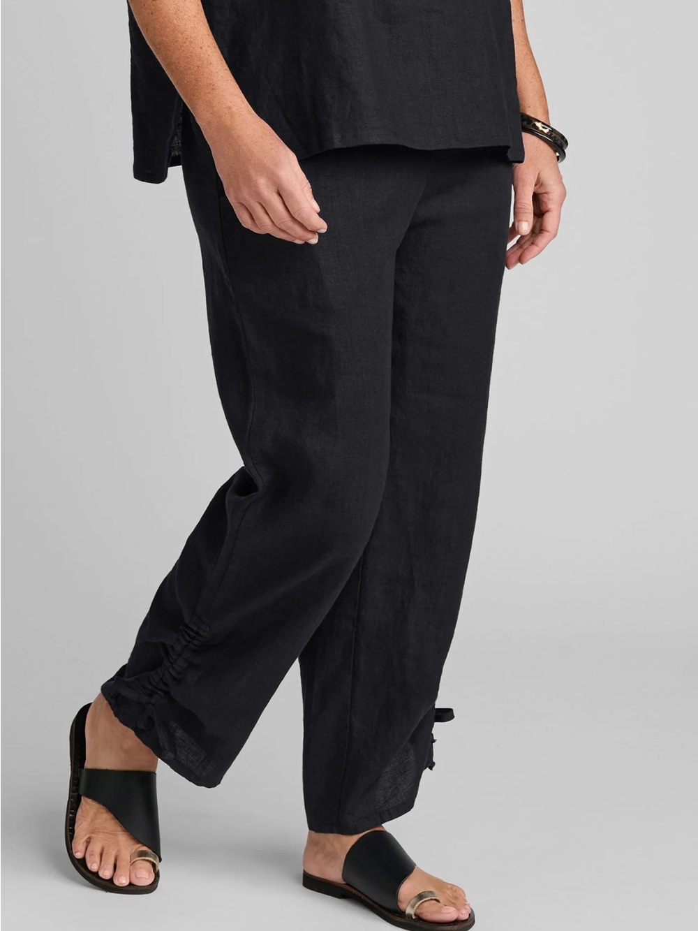 Flax Zen Pant Black Linen Pant With Elastic Waist Ankle Ruching Size Medium